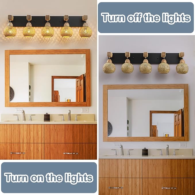 5-Light Boho Vanity Light, Farmhouse Bathroom Light Fixture, Rattan Bathroom Light Fixture Over Mirror Rustic Vanity Lighting with Handmade Bamboo Shades, Suit for Restroom, Bedroom, Hallway