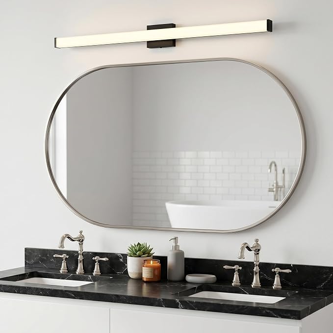 URSOLA 48" Modern LED Bathroom Light Fixtures, Matte Black 3CCT Dimmable Bathroom Vanity Light Over Mirror, Bathroom Vanity Bath Bar Lights with Double Layer Acrylic Shade