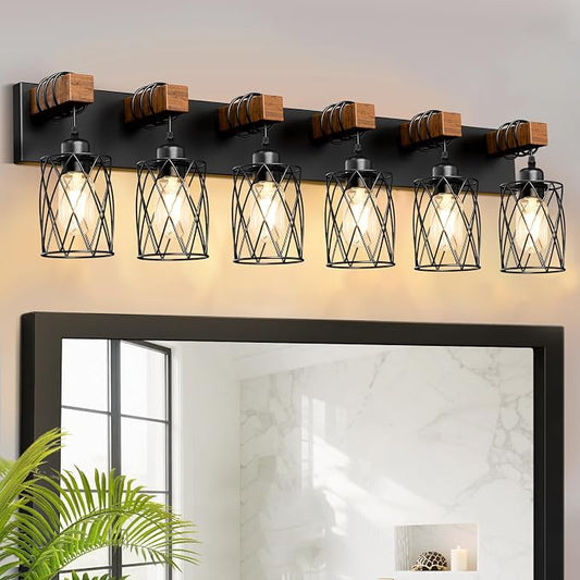 IZORRO Farmhouse Bathroom Vanity Light, 6-Light Wood Bathroom Light Fixtures Over Mirror, Black Industrial Vanity Lights with Metal Shade, Rustic Restroom Lighting Fixtures
