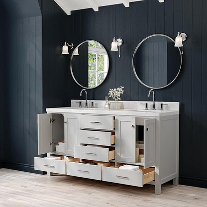 ARIEL Cambridge 66-inch Bathroom Vanity with Sink,Solid Wood, 1.5-inch Carrara White Quartz Countertop, Double Rectangular Porcelain Sink, 4 Soft Closing Doors, 6 Dovetail Drawers, Grey