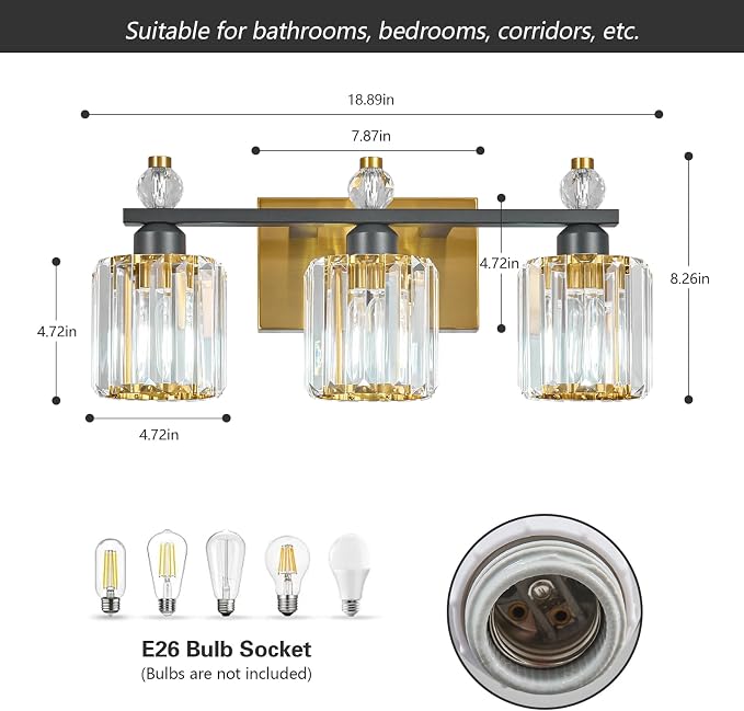 Bathroom Vanity Lights 3-Light Sand Black Gold Modern Crystal Vanity Light Fixtures Over Mirror Crystal Bathroom Vanity Lighting Fixtures
