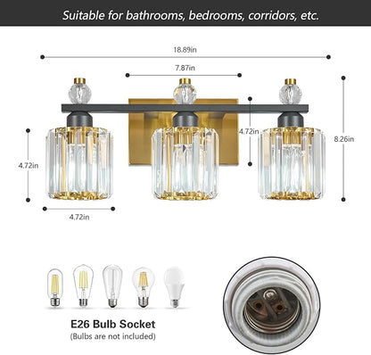 Bathroom Vanity Lights 3-Light Sand Black Gold Modern Crystal Vanity Light Fixtures Over Mirror Crystal Bathroom Vanity Lighting Fixtures