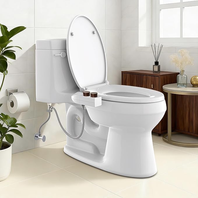 Toilet Bidet With Left/Right Side Reversible Design, Fresh Water, Non-Electric, Toilet Bidet Attachment, Right/Left Hand Side with Dual Nozzle, Self-Clean, Easy to Install (Brown Knob)