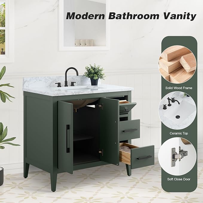 HomeBeyond 36 Inch Bathroom Vanity with Sink & Ceramic Top, Single Vanity Cabinet with Basin, Soft-Closing Doors & Matte Black Hardware, Vintage Green
