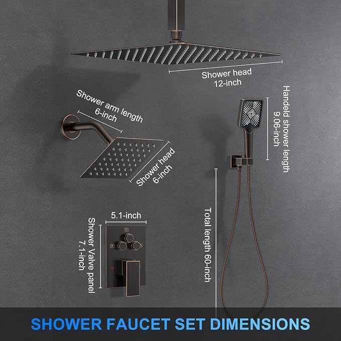 Shower Faucet Set, 12" Ceiling Mount Rainfall Shower System with 2 Rain Shower Head and Multi-function Handheld Head Push Button Diverter Shower Faucet Trim Kit (12", Oil Rubbed Bronze)