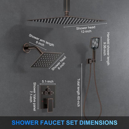Shower Faucet Set, 12" Ceiling Mount Rainfall Shower System with 2 Rain Shower Head and Multi-function Handheld Head Push Button Diverter Shower Faucet Trim Kit (12", Oil Rubbed Bronze)