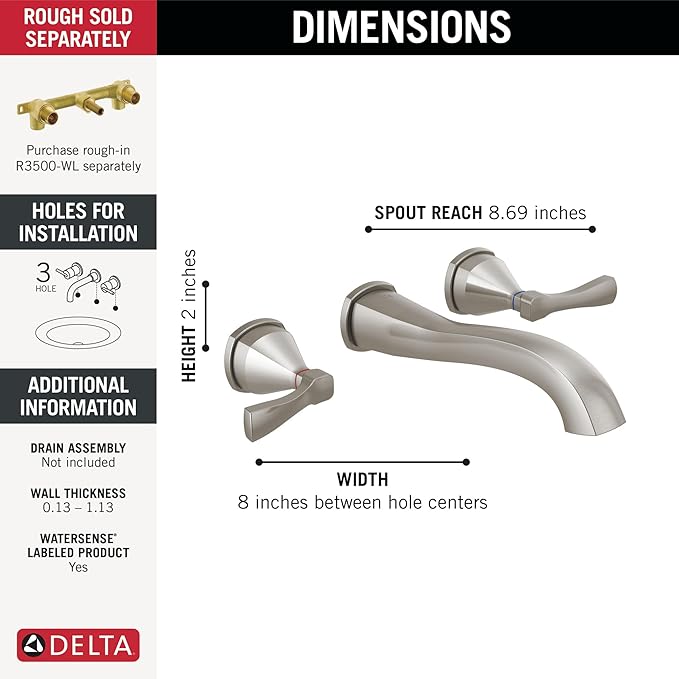 Delta Faucet Stryke Wall Mount Bathroom Faucet Brushed Nickel, Wall Mount Faucet Bathroom, Wall Faucets Bathroom Sink, Brushed Nickel Bathroom Faucet, Lumicoat Stainless T3576LF-SS-PR-WL