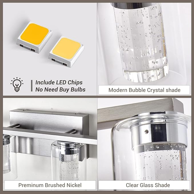 Brushed Nickel 6-Light Vanity Fixtures, Crystal Bubble Glass LED Sconces - Dimmable 3-Color (White/Neutral/Warm) for Bathroom, Hallway, Living Room