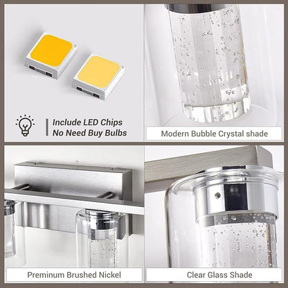 Brushed Nickel 6-Light Vanity Fixtures, Crystal Bubble Glass LED Sconces - Dimmable 3-Color (White/Neutral/Warm) for Bathroom, Hallway, Living Room