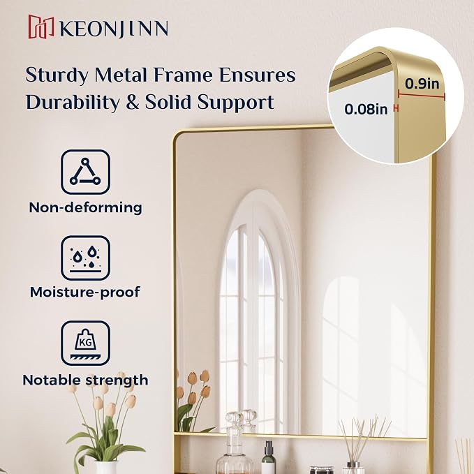 Keonjinn 18" x 28" Gold Bathroom Mirror with Shelf, Rounded Corner | Rust-Resistant, Rectangle Metal Bathroom Vanity Mirror with Storage, French Cleat Mount, Entryway, Bedroom, Hallway, Décor