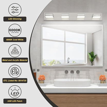 OKELI 4 Lights Bathroom Vanity Light Fixtures Brushed Nickel LED Dimmable Vanity Light Over Mirror Modern Wall Mounted Lighting Fixture, 350° Rotatable Lamp Head 32W Cold White 6000K ETL Listed