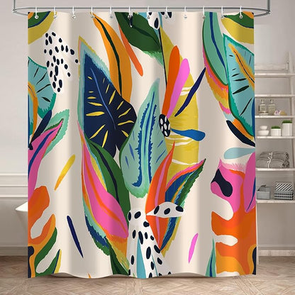 Boho Colorful Floral Shower Curtain, Abstract Art Modern Asthetic Jungle Plant Leaf Bathroom Curtain with 12 Hooks, Waterproof Polyester Fabric Bath Curtain with Hooks 72x72 Inch