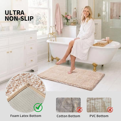ILANGO Beige and White Bathroom Rugs 36" × 24" Non Slip & Super Absorbent Extra Thick Soft, Washable Bath Mat for Floor, Microfiber Plush Shaggy Bath Rug with Rubber for Bathtub Shower Room Sink