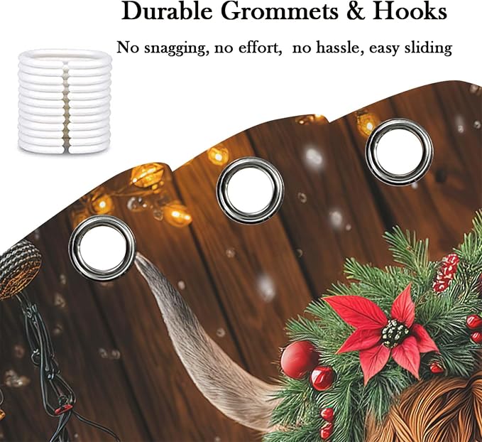 Christmas Highland Cow Shower Curtain, Winter Funny Cow Rustic Western Farmhouse Brown Wood Board Shower Curtain Set Bathroom, Xmas Snowflake Holiday Fabric Bath Decor with Hooks 70X70IN