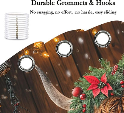 Christmas Highland Cow Shower Curtain, Winter Funny Cow Rustic Western Farmhouse Brown Wood Board Shower Curtain Set Bathroom, Xmas Snowflake Holiday Fabric Bath Decor with Hooks 72X84IN