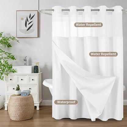 Colorful Star No Hook Shower Curtain with Snap in Fabric Liner, Waffle Weave Heavy Duty Thick Shower Curtains with Mesh Top Window, Hotel Style Waterproof Bathroom Curtain Set, 72 x 75 Inch, White