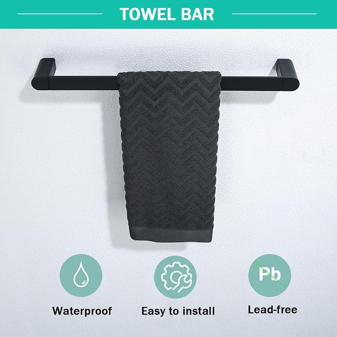 Matte Black Bathroom Hardware Set 4 Pieces, Stainless Steel Towel Bar Set Wall Mounted, Include 18 inch Towel Bar, Robe Towel Hooks, Toilet Paper Holder,Towel Racks Set for Bathroom