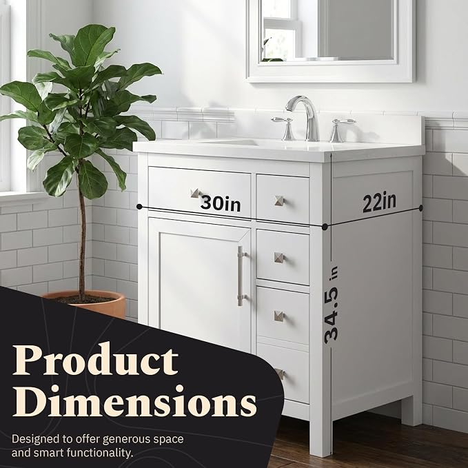 Lavanti Oakford 30 Inch Bathroom Vanity with Sink – Stylish White Vanity Bathroom with Storage Cabinet – Modern Bathroom Vanities with Single Vanity Sink & Quartz Countertop