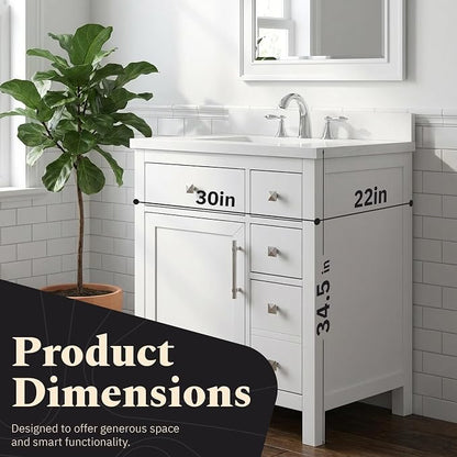 Lavanti Oakford 30 Inch Bathroom Vanity with Sink – Stylish White Vanity Bathroom with Storage Cabinet – Modern Bathroom Vanities with Single Vanity Sink & Quartz Countertop