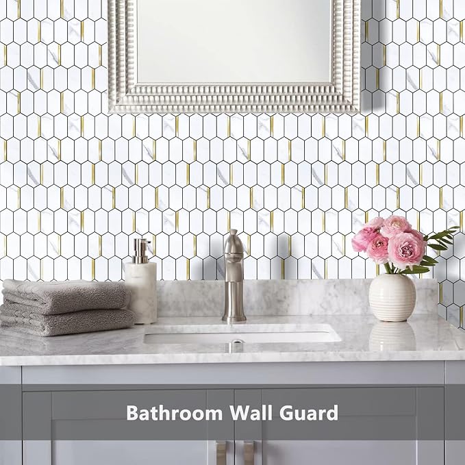 Vamos Tile Long Hexagon Peel and Stick Backsplash Tile - 10 Sheets Stick on Backsplash for Kitchen and Bathroom 12.4 x 12 Inch White Marble Look PVC Mixed Metal Gold Self Adhesive Mosaic Wall Tiles