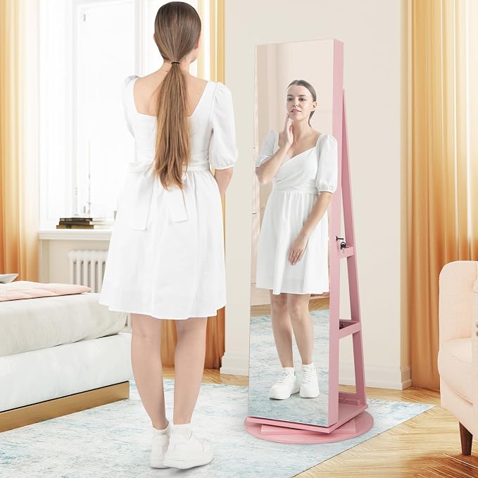MAT EXPERT 360° Rotating Jewelry Armoire, Lockable Freestanding Jewelry Organizer w/Full-length Mirror, 3-Color LED Lights, Rear Storage Shelves, Mirror Jewelry Cabinet for Bedroom (Pink)