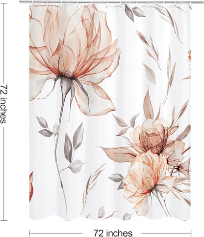 Litabel Orange and Grey Boho Watercolor Floral Shower Curtain, Ink Painting Style Blossom & Leaf Shower Curtains for Chic Elegant Bathroom, Artistic Fabric Cloth Flower Shower Curtain, 72x72