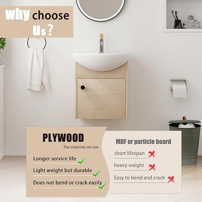 18" Bathroom Vanity with Sink, 18 Inch Floating Vanity for Small Space, Modern Single Sink Bathroom Vanity Combo, Brown Wall Mounted Cabinet Set (BN-023)