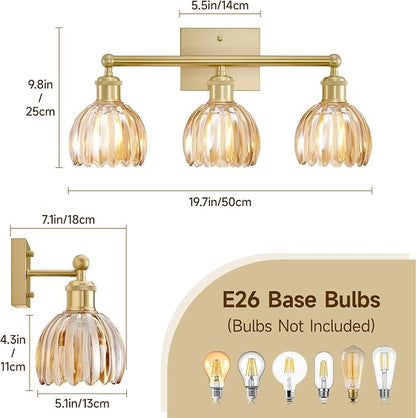 Bathroom Vanity Light 3 Light, 20 in Brushed Brass Bathroom Light Fixtures, Vintage Wall Sconces,Bath Vanity Lights Over Mirror with Amber Tulip Glass Shade for Bedroom Living Room,E26 Base