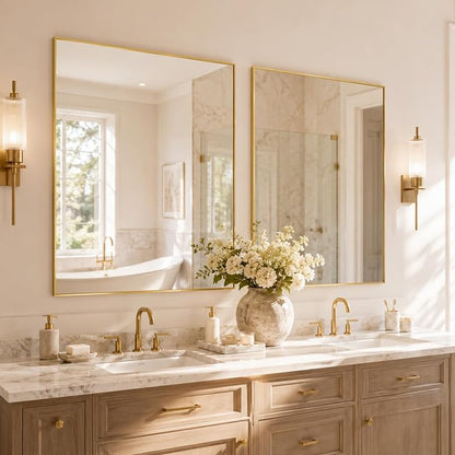 36"x36" Brushed Gold Framed Square Bathroom Vanity Wall Mirror | Accent Wall Mirror, Square Geometric Look, Slim Metal Frame, Living Room or Entryway, Keyhole Mount, Tempered Glass