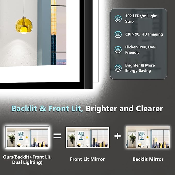 72x40 Black LED Bathroom Mirror, Backlit & Front Lit Lighted Mirror | Metal Framed Anti-Fog Vanity Mirror with Lights, 3 Color Dimmable, Memory, HD Tempered Glass, CRI95, UL Listed, Wall Mounted