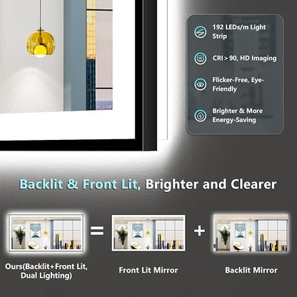 72x40 Black LED Bathroom Mirror, Backlit & Front Lit Lighted Mirror | Metal Framed Anti-Fog Vanity Mirror with Lights, 3 Color Dimmable, Memory, HD Tempered Glass, CRI95, UL Listed, Wall Mounted