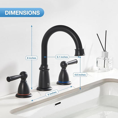 Matte Black Bathroom Faucet 3 Hole, 8-Inch Widespread Bathroom Faucet for Sink 2 Handles Vanity Restroom Faucet with Pop-Up Drain and Supply Hoses, Black