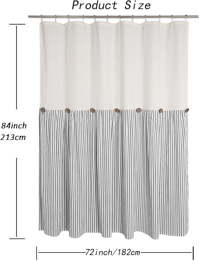 DOSLY IDÉES Farmhouse Shower Curtain, Beige and Black Striped, Button Curtain, Spa Waffle and Cotton Woven Fabric, Rustic Charm Country Chic Style, 72x84 in