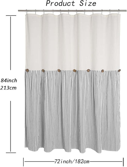 DOSLY IDÉES Farmhouse Shower Curtain, Beige and Black Striped, Button Curtain, Spa Waffle and Cotton Woven Fabric, Rustic Charm Country Chic Style, 72x84 in