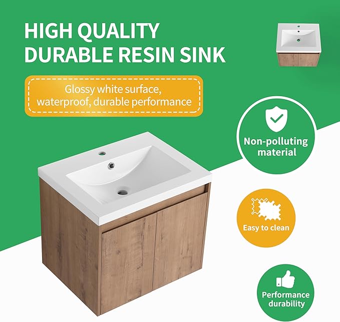 24'' Floating Bathroom Vanity with Sink, 24 Inch Wall-Mounted Single Sink Cabinet for Small Bathrooms, Soft-Close Doors & Vertical Storage, Space-Saving Design, Imitative Oak