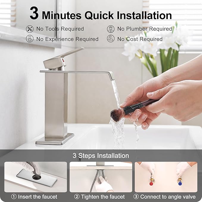 Brass Brushed Nickel Waterfall Faucet, Single Handle Bathroom Faucet, 4 Inch - 1 or 3 Hole with Deck Plate & Pop-Up Drain