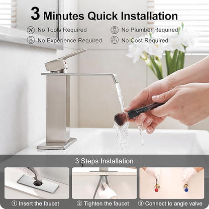 Brass Brushed Nickel Waterfall Faucet, Single Handle Bathroom Faucet, 4 Inch - 1 or 3 Hole with Deck Plate & Pop-Up Drain