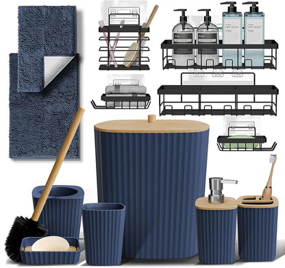 Clara Clark Bathroom Set - Navy Blue Bathroom Accessories Set, 6PC Bathroom Accessory Set, Bathroom Sets with Bathroom Rugs, Adhesive Corner Shower Caddy Hanging, Toilet Brush & Trash Can