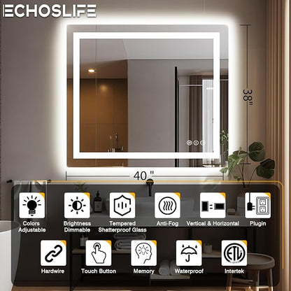 EchosLife 40"x38" Lighted Mirrors for Bathroom Wall | Backlit + Front Lit, Anti-Fog, Stepless Dimmable, 3 Colors, Memory, Tempered Glass, UL Listed, Horizontal/Vertical