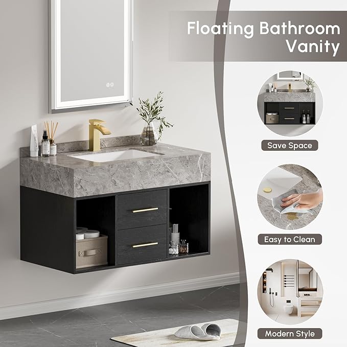 homary 35.4" Floating Bathroom Vanity with Sink, Modern Wall-Mounted Vanity Bathroom Cabinet with Sintered Stone Countertop, Undermount Sink & Black, 2 Open Storage Shelves