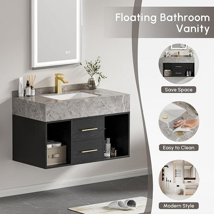 homary 35.4" Floating Bathroom Vanity with Sink, Modern Wall-Mounted Vanity Bathroom Cabinet with Sintered Stone Countertop, Undermount Sink & Black, 2 Open Storage Shelves