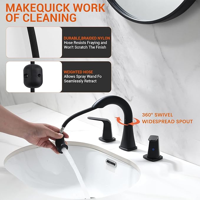 Pull Down Bathroom Faucet Black- Matte Black Sink Faucet with Sprayer, Bathroom Pull Out Faucets, 2-Handles Widespread Vanity Faucets 3 Hole 8 Inch 360 Swivel Spout with Pop-up Drain & Lines