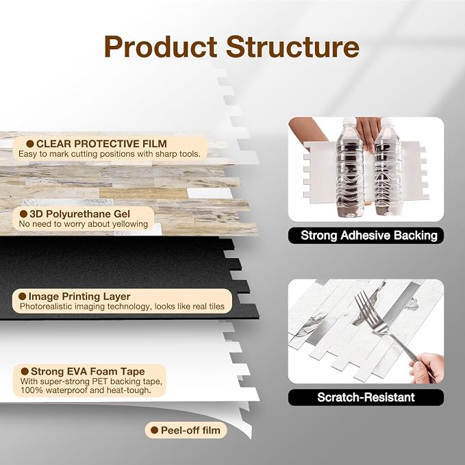 Peel and Stick Backsplash Tile Waterproof Removable PVC Wall Sticker 3D Faux Stone Marble Brick White Accent Panels (Gray - Yellow Stone - Metal Silver, 20 Tiles - 9 sq. ft. (0.84 M²))