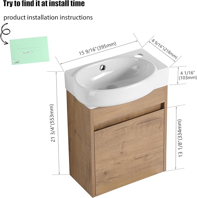 16" Bathroom Vanity with Sink, 16 Inch Floating Bathroom Vanity for Small Space, Modern Bathroom Vanity, Brown Wall Mounted Cabinet Set (029, IMOX.16''W x 12''D)
