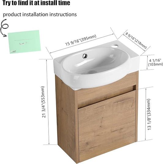 16" Bathroom Vanity with Sink, 16 Inch Floating Bathroom Vanity for Small Space, Modern Bathroom Vanity, Brown Wall Mounted Cabinet Set (029, IMOX.16''W x 12''D)