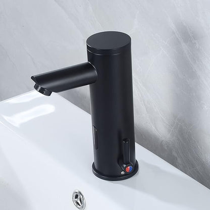 Automatic Touchless Bathroom Sink Faucet Motion Activated Sensor Hands Free Auto Off 1 Hole Commercial Infrared Brass Basin Faucets Adjustable Cold Hot Single Handle Water Mixer Matte Black