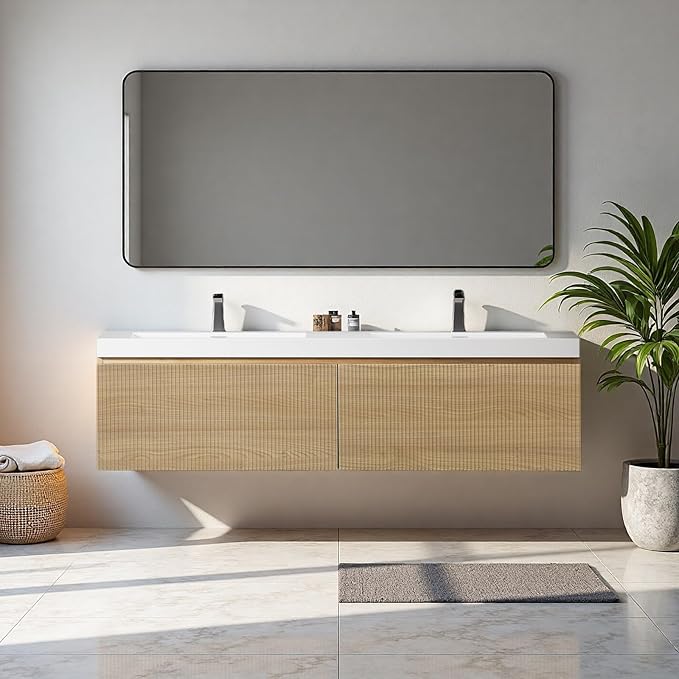 60'' Floating Bathroom Vanity with Sink, Wall-Mounted Bathroom Storage Cabinet with 2 Soft-Close Striped Drawers & Double Solid Surface Basins, Natural Oak Body with Internal Handle, Wood