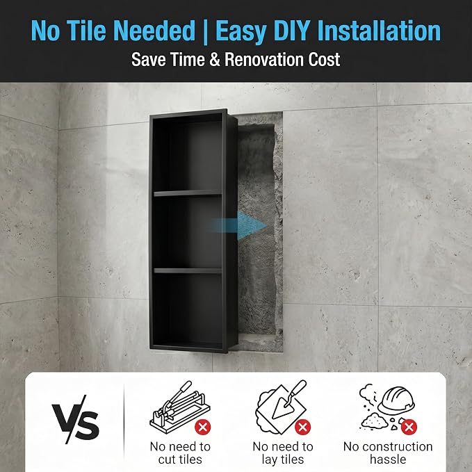 304 Stainless Steel Shower Niche 12” x 36” for Bathroom Storage | Matte Black Recessed Shower Niche No Tile Needed with 3-Tier Shelves