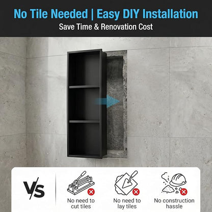 304 Stainless Steel Shower Niche 12” x 36” for Bathroom Storage | Matte Black Recessed Shower Niche No Tile Needed with 3-Tier Shelves