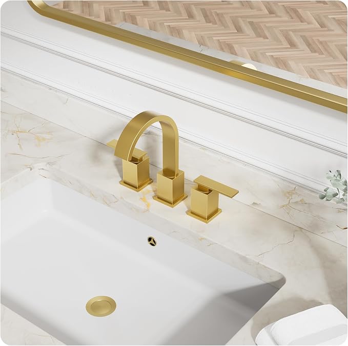 Brushed Gold Bathroom Faucet 8 Inch Widespread 3 Hole 2 Handle,Waterfall Swivel Spout Bathroom Sink Faucet with Pop Up Drain and Water Supply Line,WF011-BG